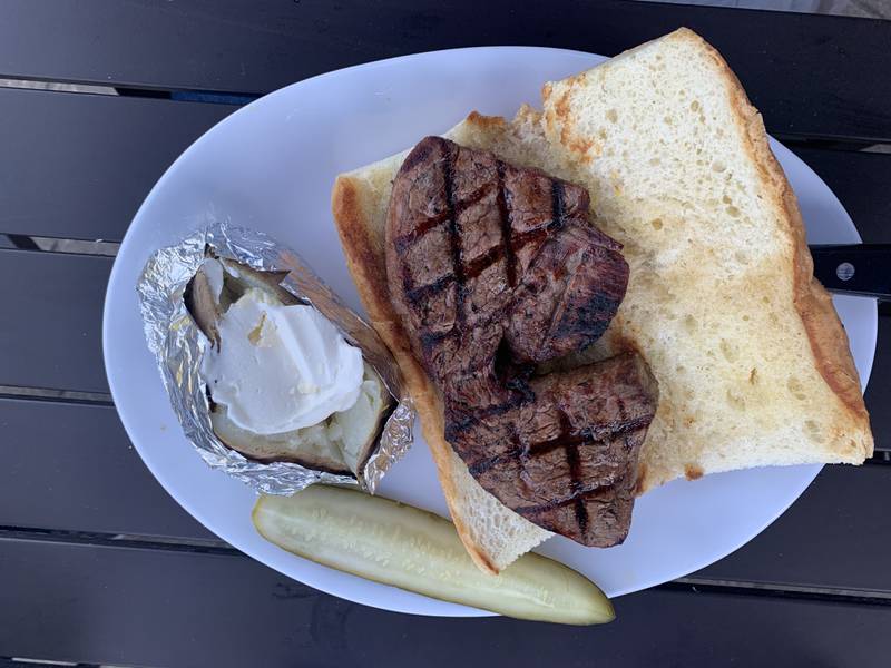 The Filet Mignon Sandwich at the Rusty Nail Saloon is Ringwood comes on a French bread roll.