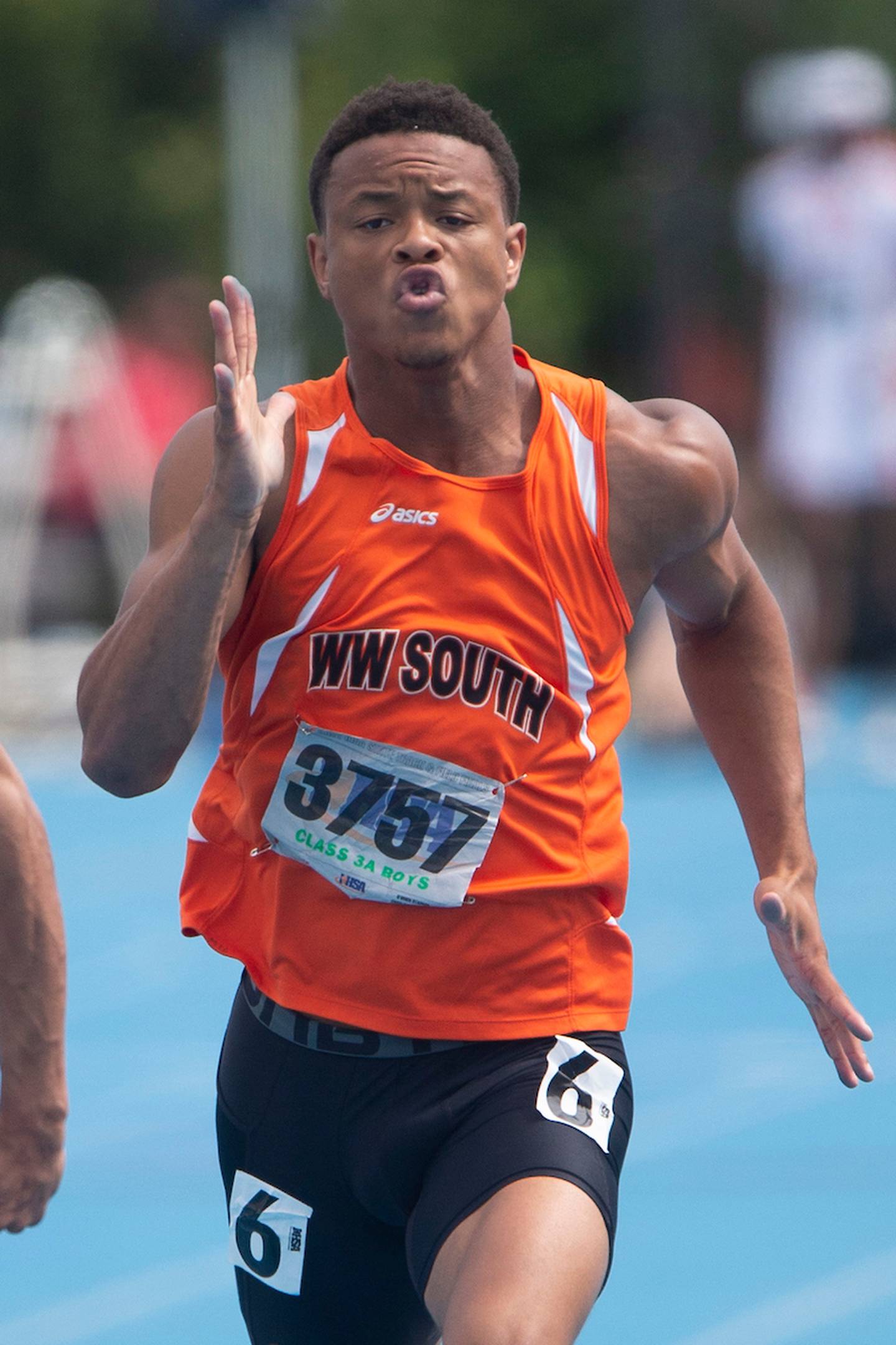 June 19, 2021- Charleston, IL -Wheaton Warrenville South's Reece Young competes in the Class 3A 100-Meter Dash during IHSA Boys State Track and Field Finals.
