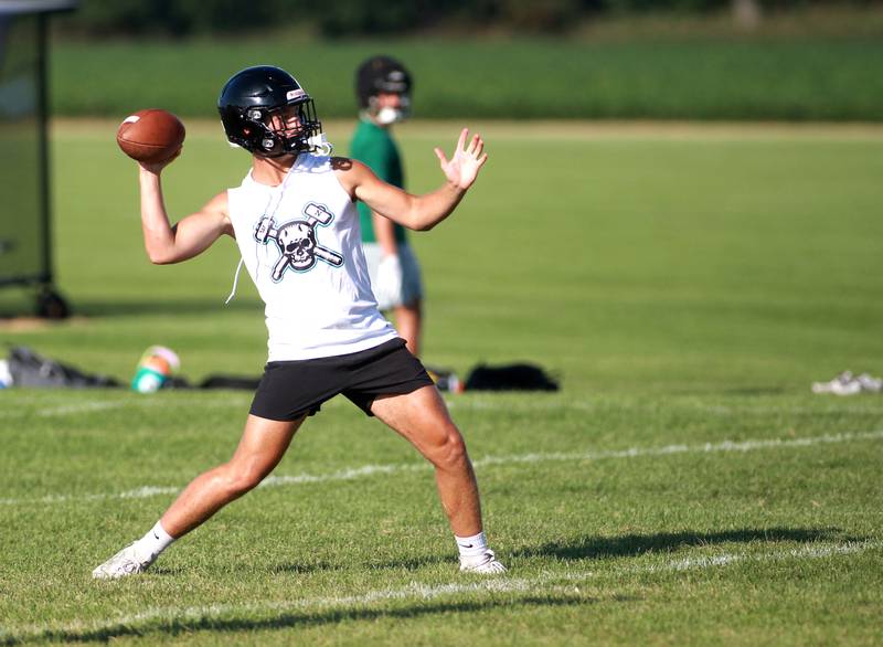 Woodstock North quarterback Parker Halihan throws the ball during a 7 on 7 football tournament on Tuesday, July 15, 2025 at Kaneland High School in Maple Park.