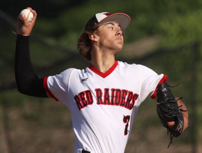 Huntley’s Drew Borkowski fires toward the plate against Barrington in sectional semifinal baseball action at Hampshire Wednesday.
