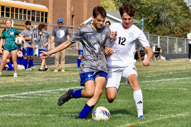 Princeton's Jackson Ellis pushes the ball up in Saturday's regional quarterfinal soccer match vs. Stanford Olympia at Bryant Field. The Tigers won 6-2.