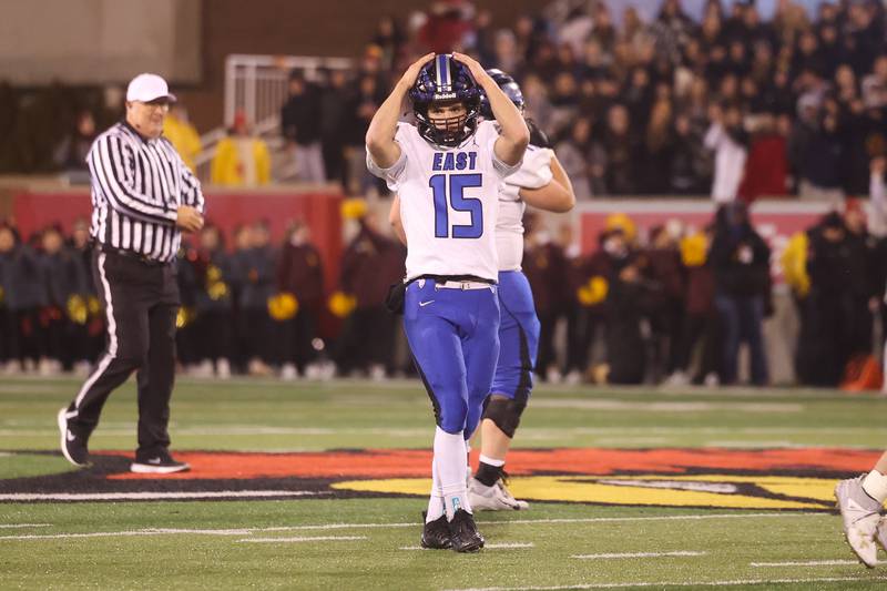 Lincoln-Way East’s Braden Tischer reacts after a turnover on downs in the final minutes against Loyola in the Class 8A championship on Saturday, Nov. 25, 2023 at Hancock Stadium in Normal.