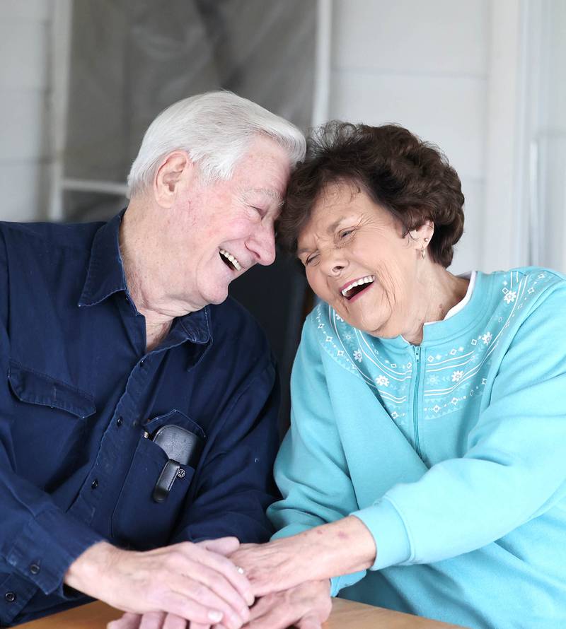 Morry and Joan Drury share a laugh Thursday, Feb. 9, 2023, at their home in DeKalb. The couple celebrated their 70th wedding anniversary in Sept. of last year.