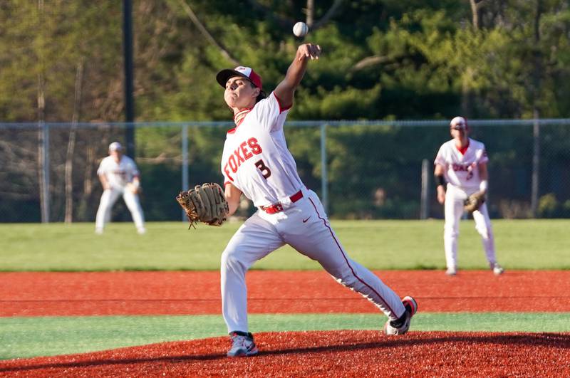 Yorkville's George Werderich (3) delivers a pitch against West Aurora during a baseball game at Yorkville High School on Monday, April 15, 2024.