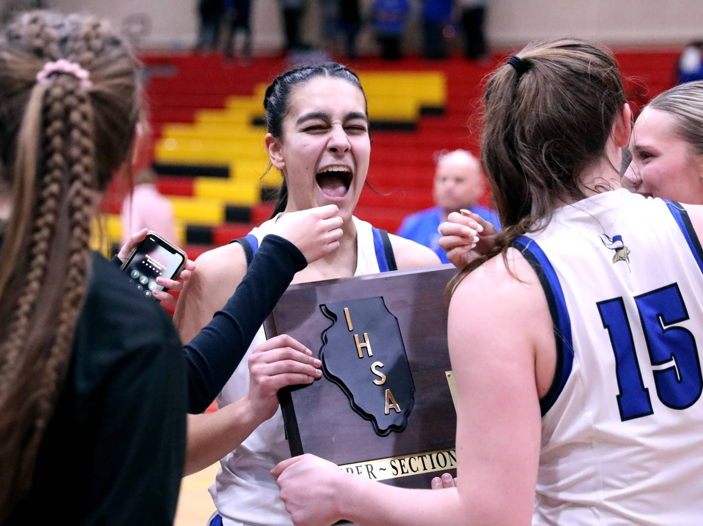 Geneva’s Leah Palmer celebrates their Class 4A Schaumburg Supersectional win over Barrington on Monday, Feb. 27, 2023.