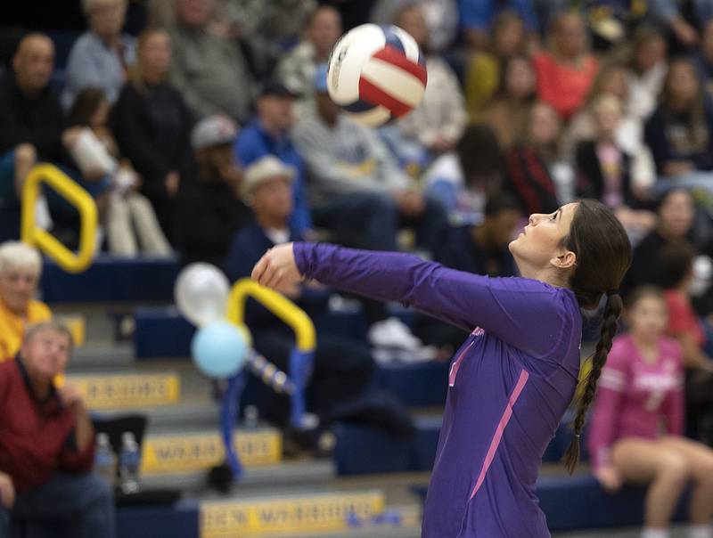 Mendota’s Ava Eddy makes a pass against Sterling Thursday, Oct. 24, 2024, in Sterling.