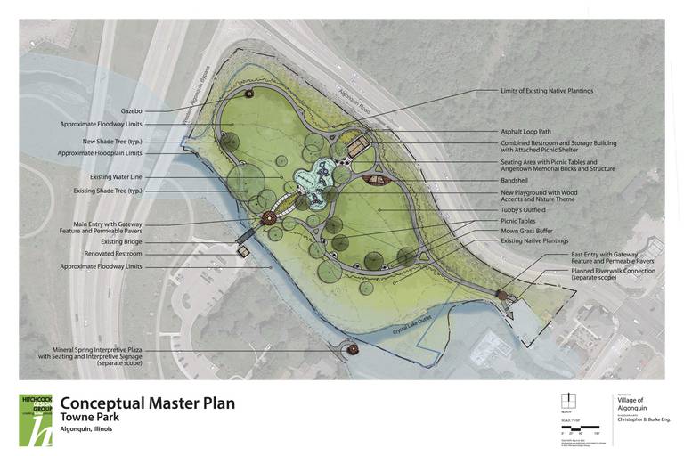 A concept plan from March 2022 for the overall Towne Park in Algonquin. City planners are hoping to finalize a master plan to renovate the site by June of this year, which will include highlighting portions of the site deemed historic, such as the mineral springs.