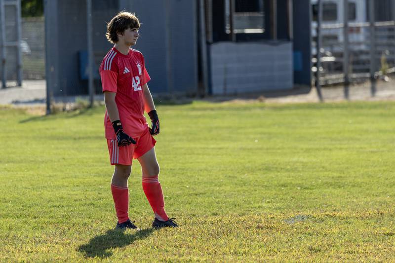 Joliet Catholic's C J Munger observes the action during a varsity soccer home game against Joliet Central on Sept. 8, 2025.