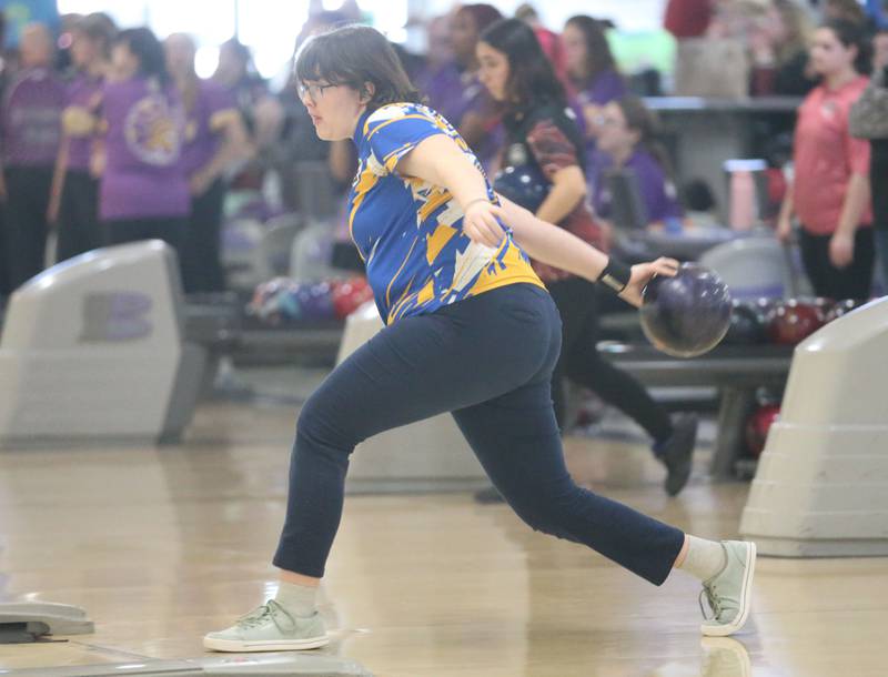 Sterling's Adaya Frohling bowls during the IHSA girls bowling Regional meet on Friday, Feb. 6, 2026 at the Illinois Valley Super Bowl in Peru.