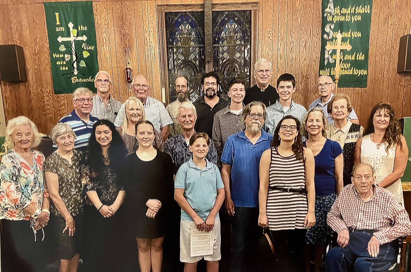 Performers of Share the Talent Night at St. John's Church in Creston on July 23, 2023 included: (Back row) Roger Hintsche, Lyle Headon, Aaron Butler, Gavin Wilson, Lucas Guitno, Pr. Carl Rasmussen, Caleb Quitno, Stan Eden. (Middle row) Steve Latimer, Debbie Katzman, Larry Howlett, Paul and Marcia Watson, Marilyn Quitno, Lois Rohrer. (Front row) Pauline Cultra, Nancy Rasmussen, Bella Ramos, Colby Kleinschmidt, Aiden White, Gracia Watson and Gary Mullis.