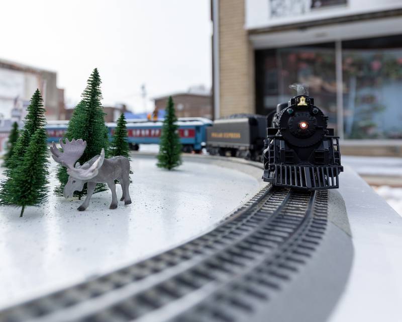 The "Polar Express" toy train blows steam on tracks on Saturday, December 6, 2025 on Illinois Avenue in Mendota.