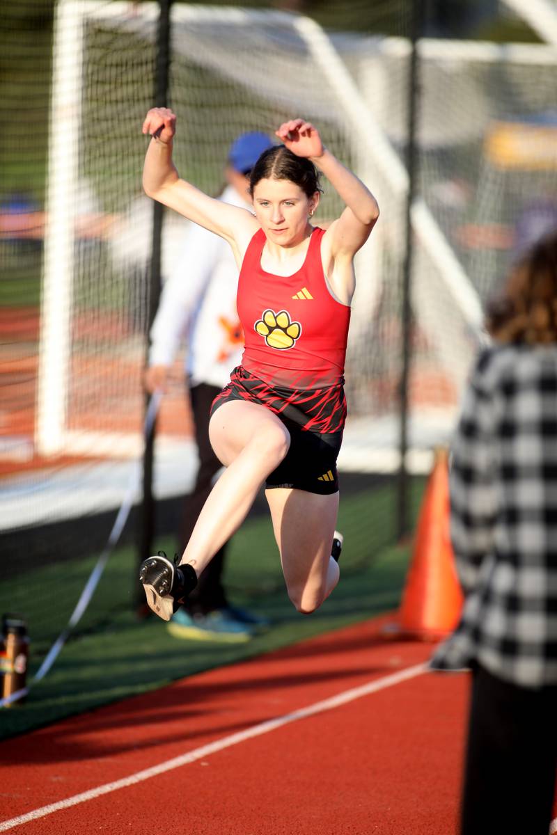 Batavia’s Abby Wirth competes in the triple jump during the 2024 Kane County Girls Track and Field meet at St. Charles East on Thursday, April 25, 2024.