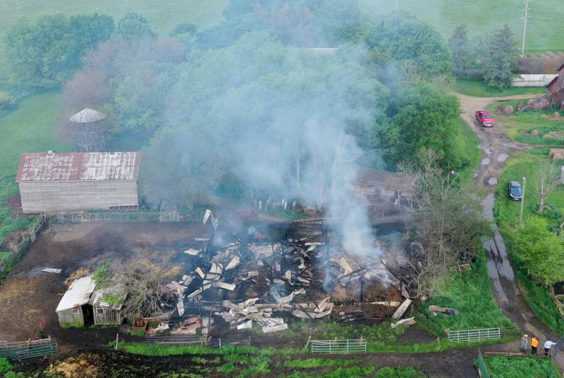 An aerial view of whats left of a barn fire located in the 19000 block of 1725 East Street on Friday, May 10, 2024 near Princeton. A box alarm was sent out shortly after 9:30p.m. on Thursday for Bureau County fire units. The fire was still smoking as of Friday morning.