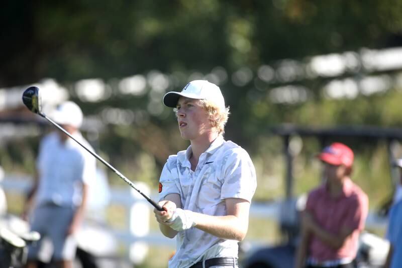 Wheaton Warrenville South’s Charlie Gilligan tees off during the Class 3A Plainfield North Boys Golf Sectional at Whitetail Ridge Golf Course in Yorkville on Monday, Oct. 2, 2023.