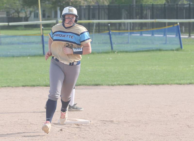 Marquette's Taylor Cuchra rounds second base after hitting a homerun against Putnam County on Tuesday, April 29, 2025 in Ottawa.