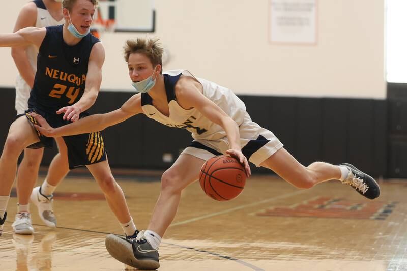 Lemont’s Rokas Castillo makes a play against Neuqua Valley in the Warrior Showdown shootout at Lincoln-Way West. Saturday, Jan. 29, 2022 in New Lenox.