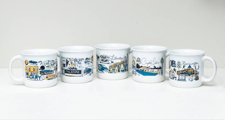 Graphic artist Ashley Klockenga, inspired by fond memories of visits to Crystal Lake's Main Beach as a kid, sketched and created mugs for Conscious Cup Coffee Roasters showcasing suburban iconography for the 2022 holiday season.