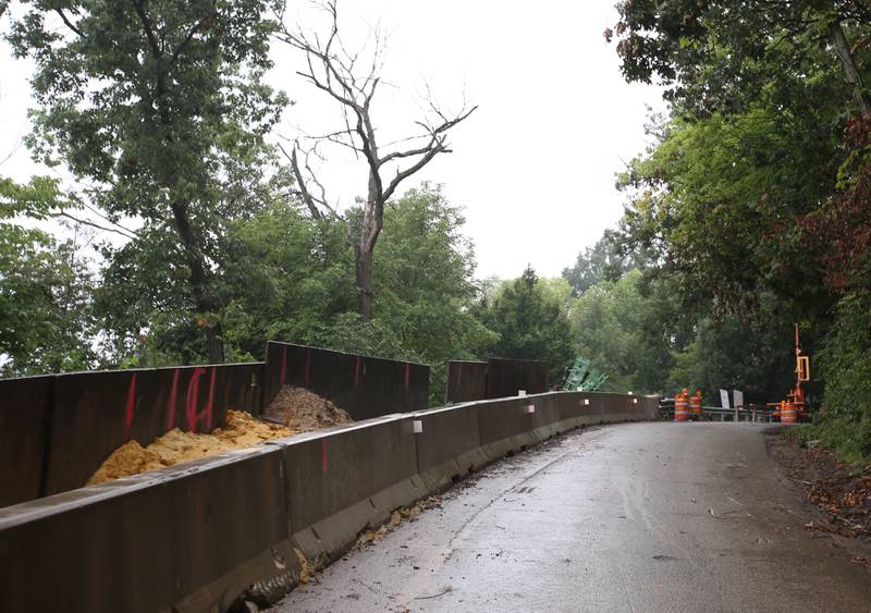 Construction materials are used for a retaining wall along Buffalo Rock's State Park entrance road on Monday, Aug. 14, 2023. The Illinois Department of Transportation announced more temporary closures for the park. The park will be closed Tuesday, Aug. 15, through Thursday, Aug. 17; Tuesday, Aug. 22, through Thursday, Aug. 24; Tuesday, Aug. 29, through Wednesday, Aug. 30; Tuesday, Sept. 5, through Thursday, Sept. 7; and Tuesday, Sept. 12, through Thursday, Sept. 14.