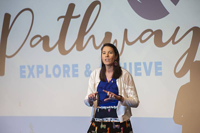 Kimberly Radostits, the 2022 Illinois State Teacher of the Year from Oregon, speaks before a ceremony recognizing graduates of a special program at SVCC’s Education Symposium on Friday, April 29, 2022. Pathways provides high school students who are going into the field of education a step ahead.