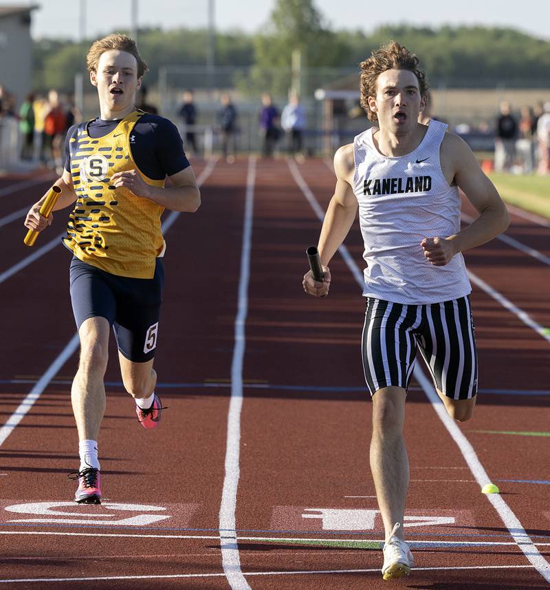 Kaneland’s Benjamin Karl beats Sterling’s Aiden Lacy to the finish in the 4x2 Wednesday, May 20, 2026, at the Rochelle Class 2A boys track sectionals.