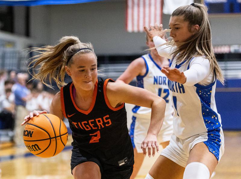 Wheaton Warrenville South’s Brooke Ittersagen drives the lane during a game against Wheaton North on Friday, Dec. 20, 2024.