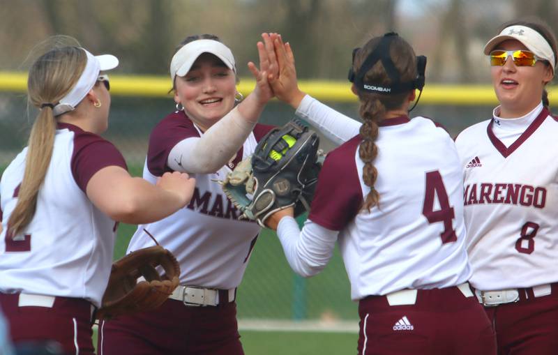 Marengo’s  infield celebrates an out against Richmond-Burton in varsity softball on Tuesday, April 22, 2025, at Marengo High School in Marengo.