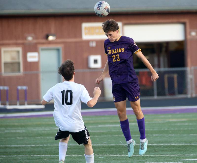 Mendota's Alex Beetz beats out Kewanee's Kingston Peterson to a header during the Three Rivers Tournament on Thursday, Oct. 2, 2025 at Mendota High School.