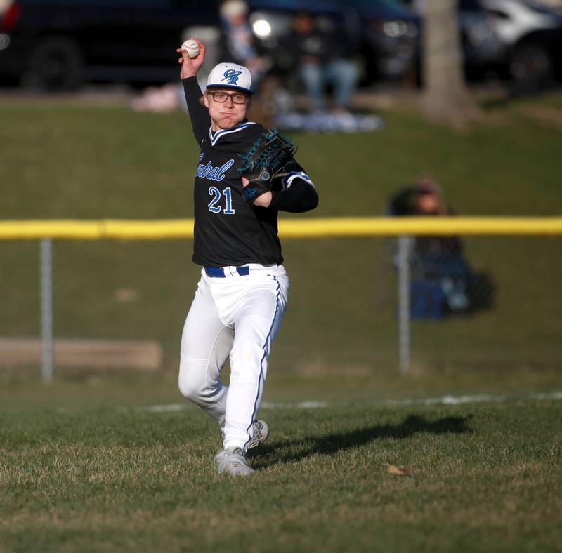 Burlington Central’s Gavin Bramer throws to first during a game against St. Charles North on Tuesday, April 8, 2025 at Burlington Central.