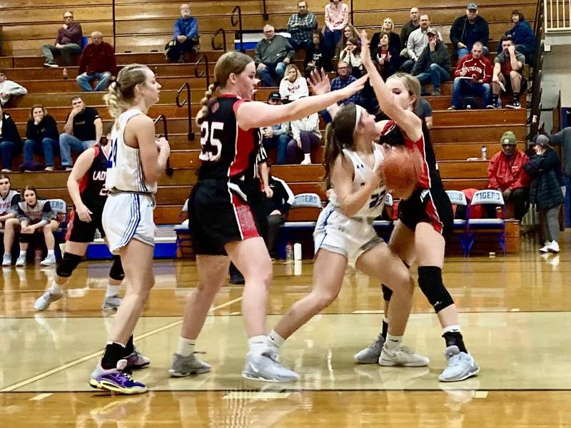 Princeton's Miyah Fox posts up in the first half for the Tigresses Monday night against Stark County at Prouty Gym. The Tigresses won 55-30.