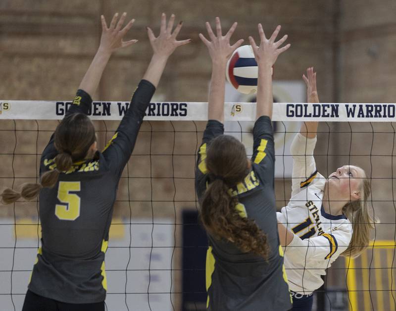 Sterling’s Kylie Shank hammers a spike against Galesburg Thursday, Oct. 16, 2025.