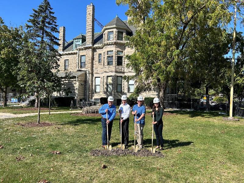 Pictured (L to R): George Szczepaniak, Elmhurst Heritage Foundation President; Scott Levin, Mayor of Elmhurst; Dave Oberg, Elmhurst History Museum Executive Director; and Jess Wandersee, Elmhurst History Museum Curator of Education and Public Programs.