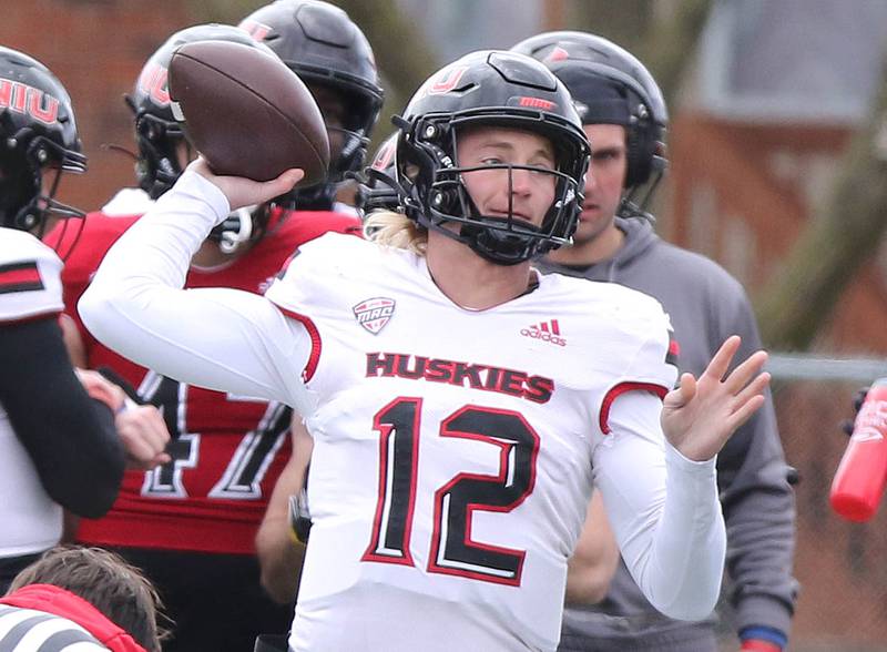 Northern Illinois quarterback Rocky Lombardi throws a pass during a drill at the NIU football Spring Showcase Saturday, April 22, 2023, at Huskie Stadium at NIU in DeKalb.