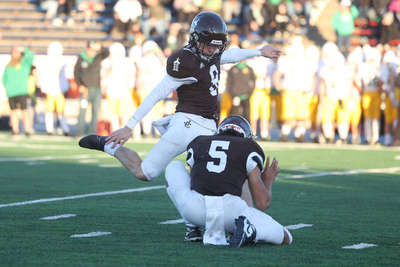 Joliet Catholic’s Zak Beitler hits the 37 yard field goal against Providence in the Class 5A semifinal on Saturday, Nov. 18, 2023, in Joliet.