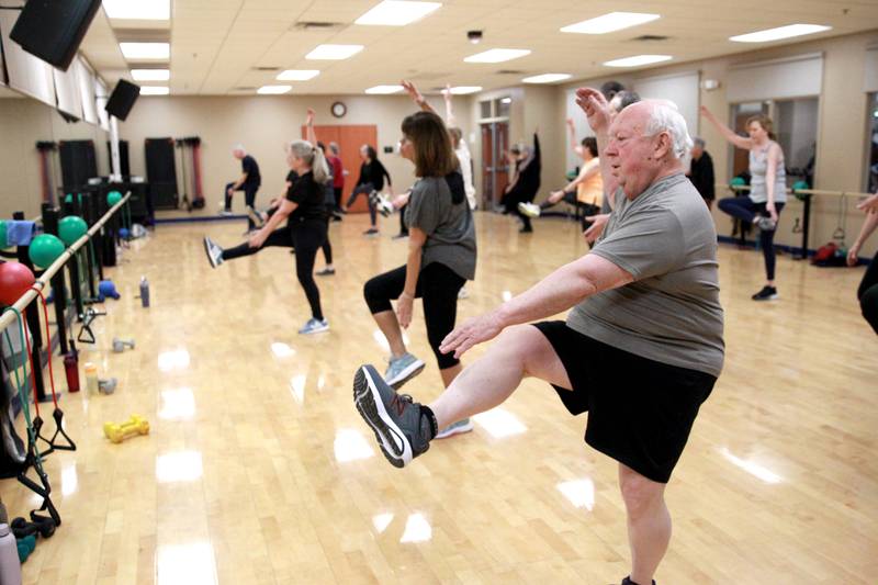 Ron DenAdel participates in a fitness class for active older adults at Ackerman Sports and Fitness Center in Glen Ellyn on Friday, Jan. 5, 2024.