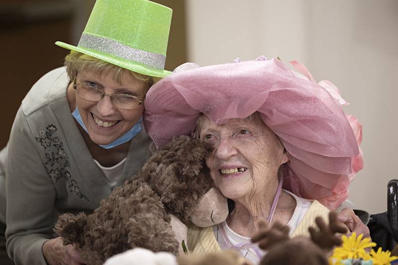 Linda Dirks has her picture taken with her aunt Margie Mathias Friday, March 31, 2023 during the tea party fun at Heritage Woods.