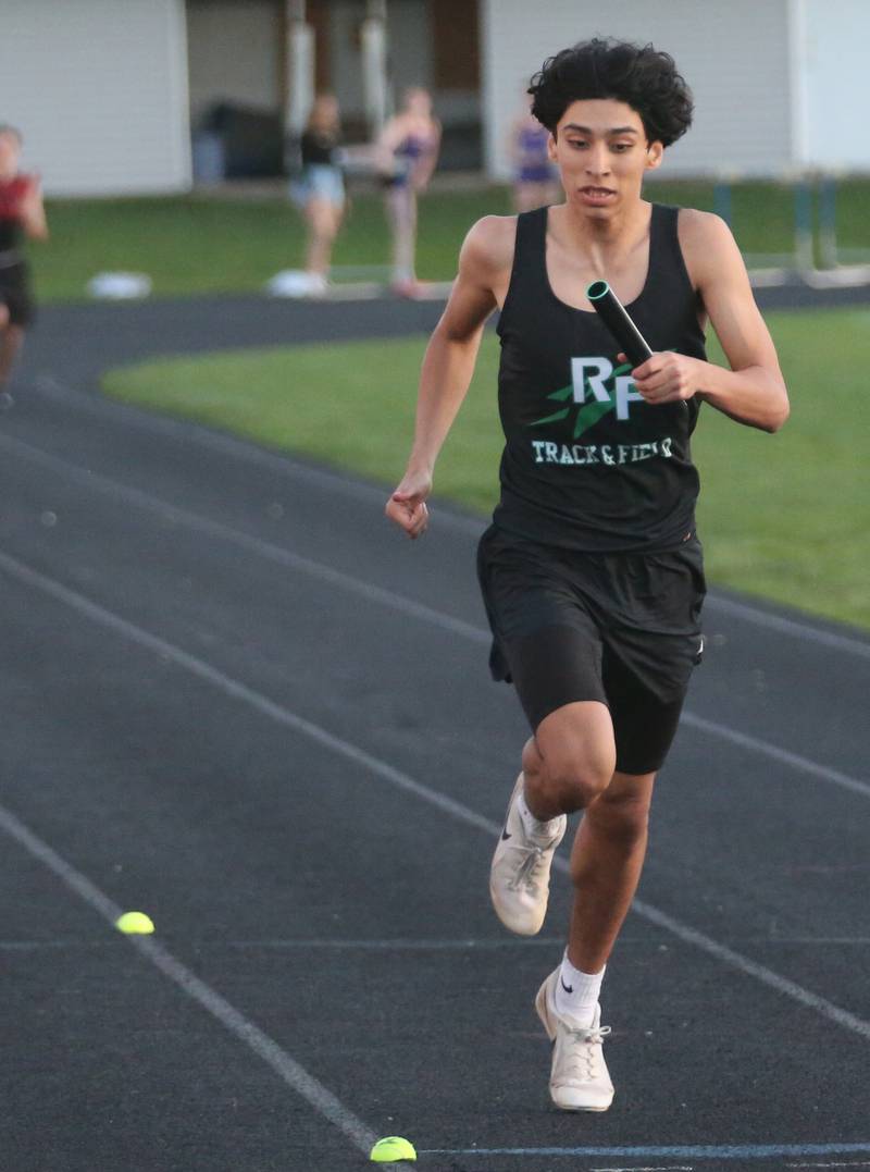 Rock Falls's Christian Hernandez wins the 4x200 meter relay during the Ferris Invitational on Monday, April 15, 2024 at Princeton High School.