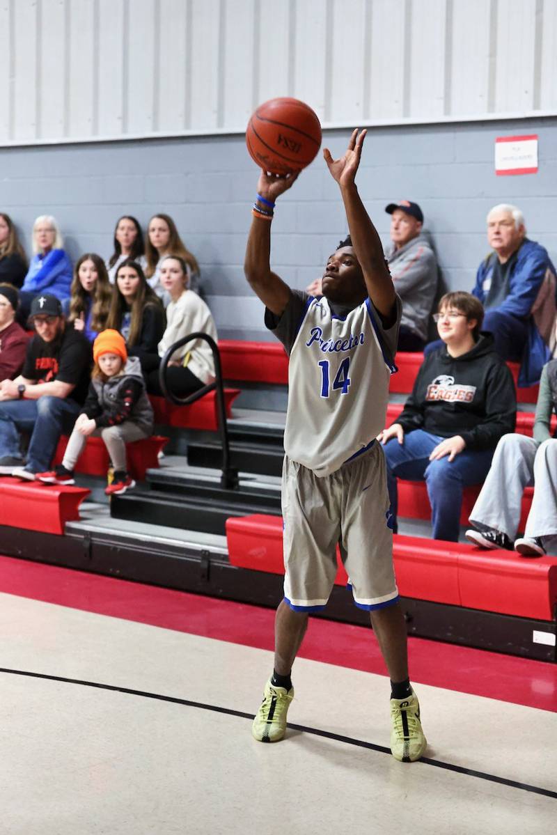 Princeton's Jamari Williams fires away in Thursday's JV game at Howard Hoffman Memorial Gymnasium.