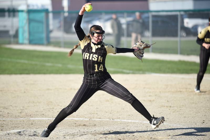 Bishop McNamara's Joslynn Dole throws a pitch during a home game against Aurora Christian Tuesday, April 8, 2025.