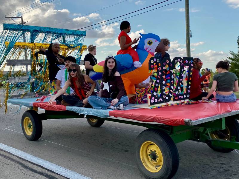 Members of the Class of 2027 pose on their float during the annual DeKalb High School Homecoming Parade on Wednesday, Sept. 24, 2025, along West Dresser Road.