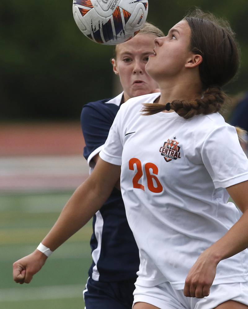 Crystal Lake Central's Allison Barnett heads the ball away from St. Viator's Kalin Mccrea during the IHSA Class 2A Deerfield Sectional championship girls soccer match on Friday, May 30, 2025, at Deerfield High School.