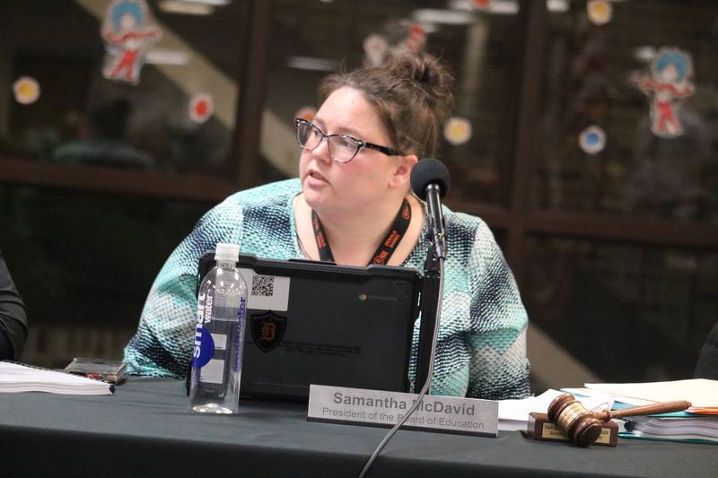 Board President Samantha McDavid speaks Feb. 7, 2023 at the DeKalb District 428 school board meeting.