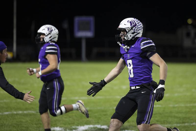 Dixon’s Bene Baratta comes off the field after a Duke’s interception against Woodstock North Friday, Oct. 31, 2025, in the Class 4A football first round playoffs.