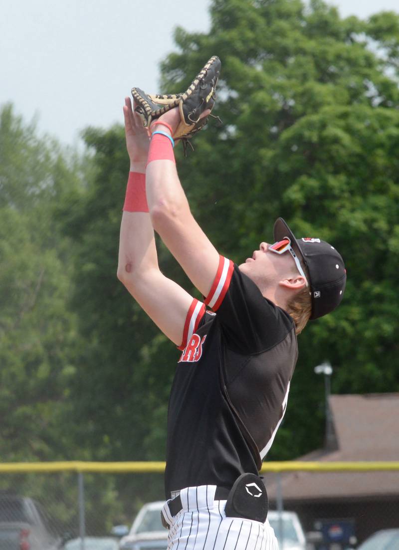 Fulton's Jacob Huisenga camps out under a pop fly ready to catch the ball for an out against River Ridge/Scales Mound at the 1A Lena-Winslow Sectional final on Saturday, May 31, 2025.