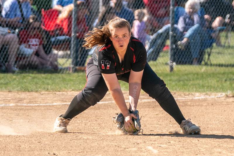 Yorkville's Abigail Pool (17) fields a grounder against Plainfield North during the Class 4A Yorkville Regional softball final at Yorkville High School on Friday, May 26, 2023.