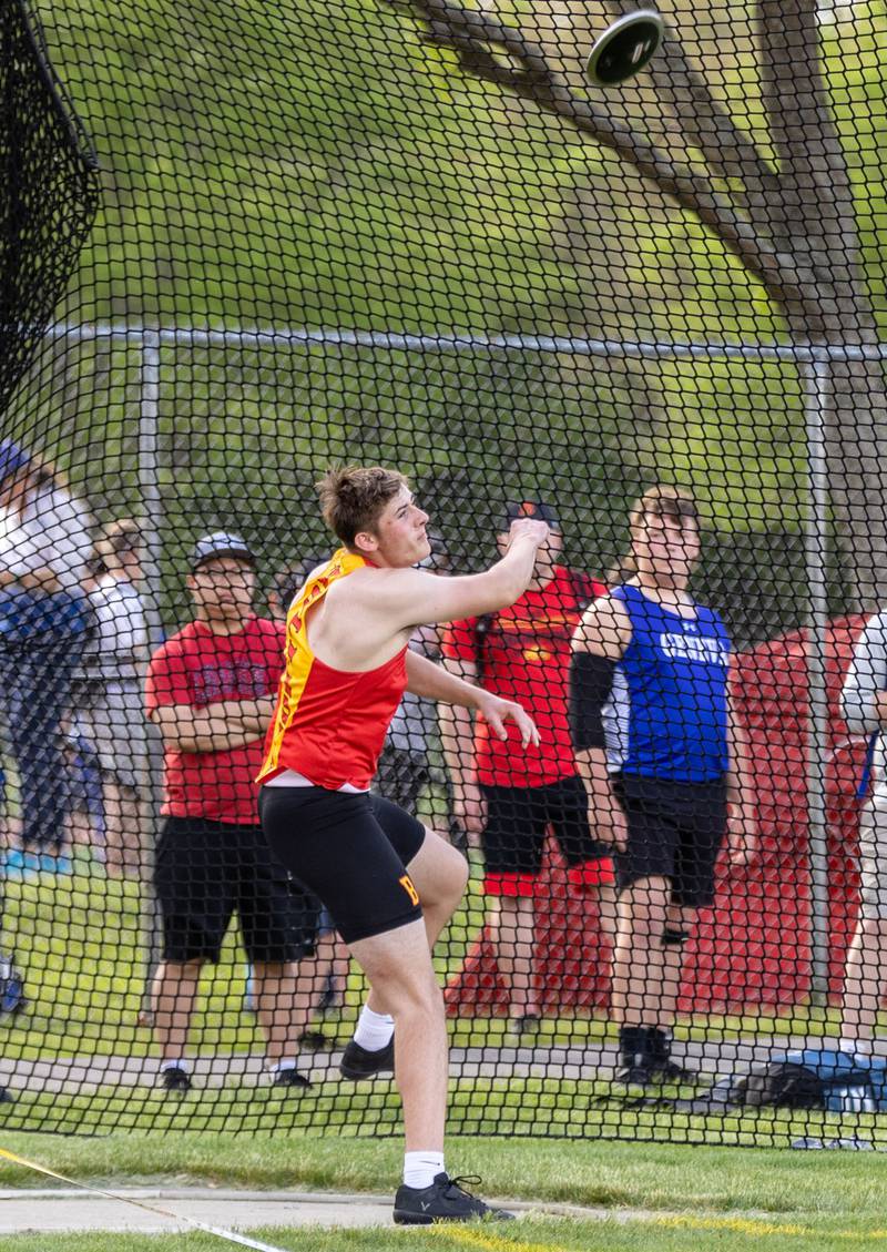 Owen Chenoweth throws a discuss during the Dukane Conference Boys Track and Field Meet hosted by Lake Park High School in Roselle on Friday, May 16, 2025. Chenoweth placed 8th in the competition.