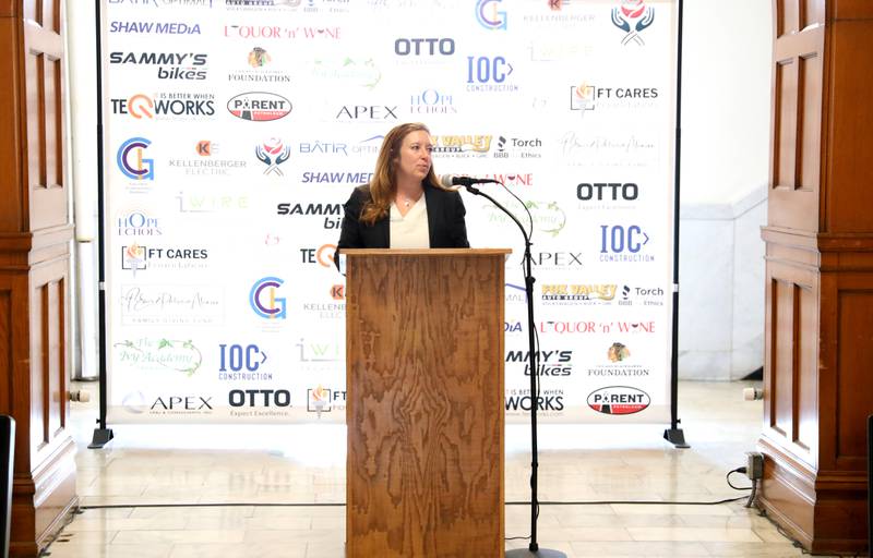 Kane County States Attorney Jamie Mosser speaks during the annual Hands Around the Courthouse in honor of National Child Abuse Prevention Month on Thursday, April 10, 2025 at the Kane County Courthouse in Geneva.