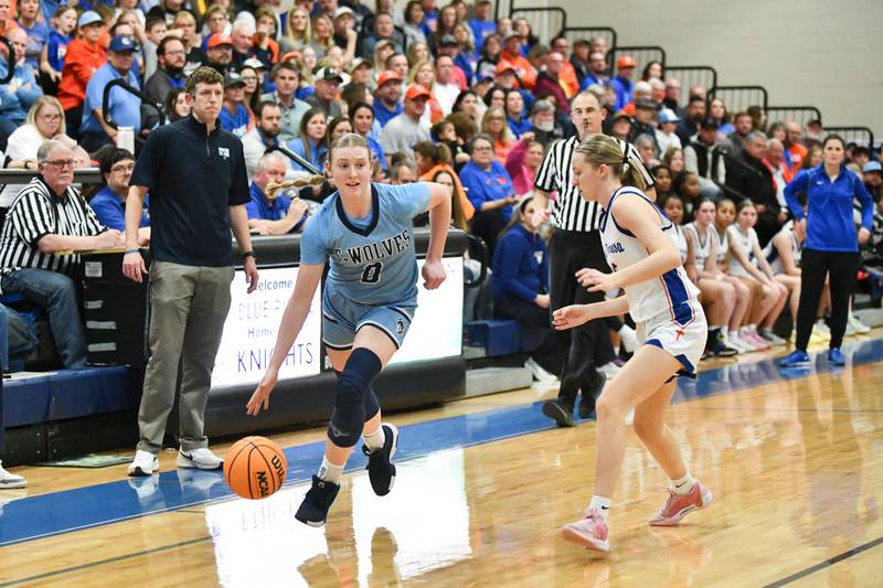 Cissna Park's Addison Lucht brings the ball up during the Timberwolves' 47-35 victory over St. Teresa in the IHSA Class 1A Blue Ridge Super-Sectional on Monday, March 3.
