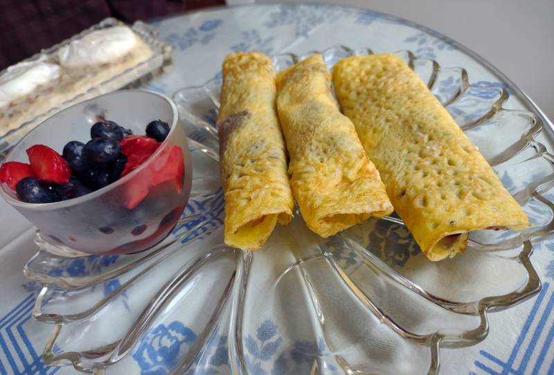 The blueberry and cream cheese palacinke with a side of fresh fruit at Good Morning Good Day Cafe in Streator. Palacinke, sometimes called a Croatian pancake, is similar to a crepe.