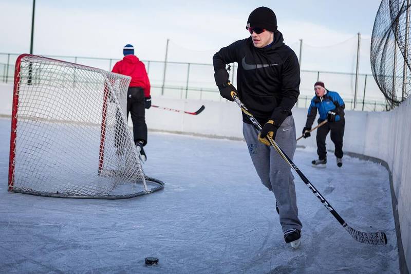 Hockey players take advantage of the Manteno ice rink for some practice.