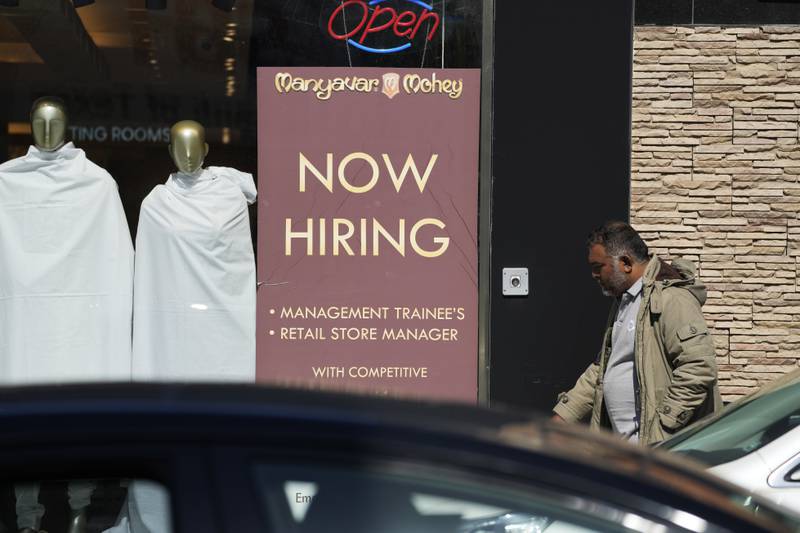 FILE - A hiring sign is displayed at a retail store in Chicago on Monday, March 11, 2024.  (AP Photo/Nam Y. Huh, File)